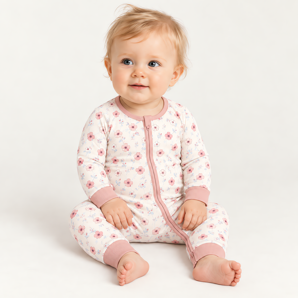 A baby wearing the JOWI Blush Floral Romper on a plain studio background, full body