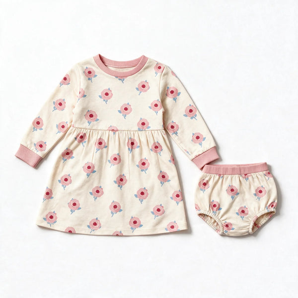 JOWI Little Rose Dress Set shown flat from the front, small scattered roses on cream, dusty pink trims