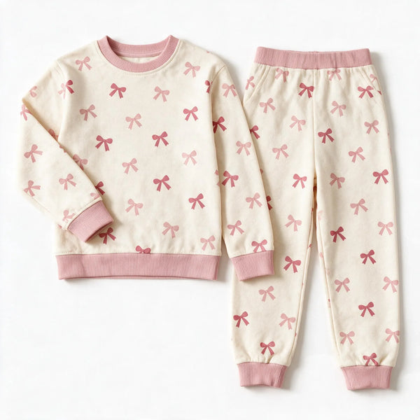 JOWI Pink Bow Baby Set shown flat from the front, small pink bows on cream, dusty pink ribbing