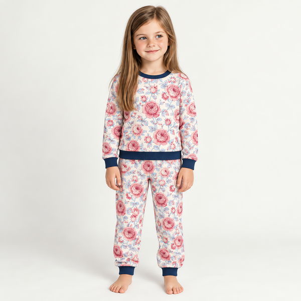 A child wearing the JOWI Rose Garden Pajama Set on a plain studio background, full body