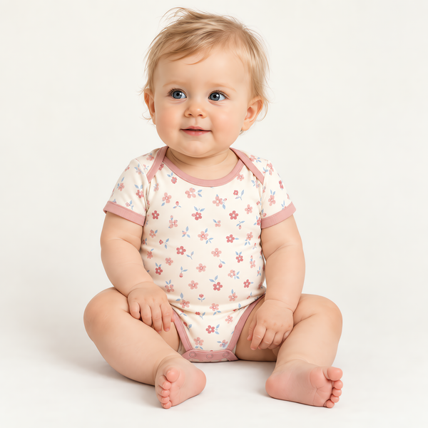 A baby wearing the JOWI Soft Blossom Bodysuit on a plain studio background, full body