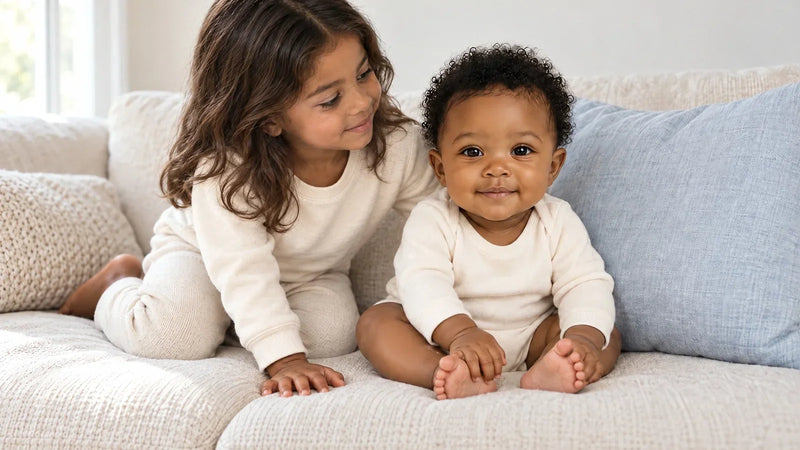 A four-year-old leaning in over her baby sister. The same gift is right for one of them and useless for the other.