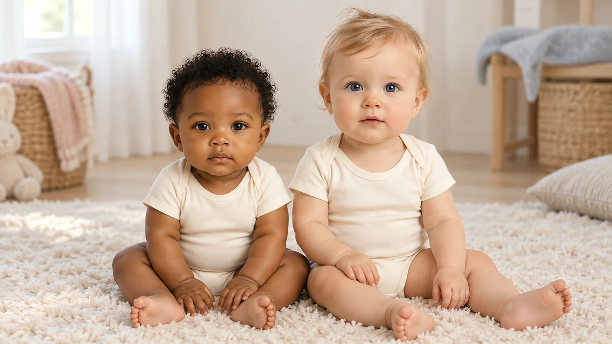 Dos bebés sentados en la misma alfombra, con seis meses de diferencia de edad y una talla entera de diferencia de cuerpo, que es por lo que la etiqueta nunca lo decide.