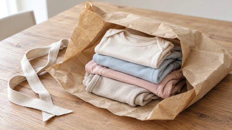 A gift half unwrapped on the table: folded clothes in a size the baby will grow into rather than the one they are in now.