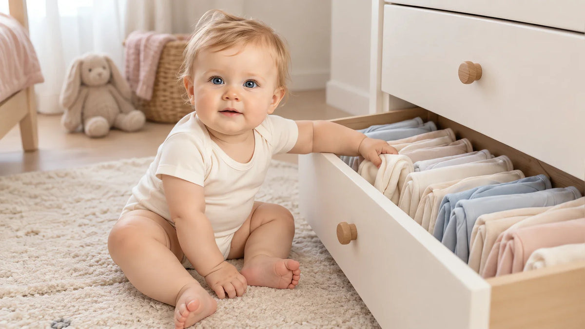 An open bottom drawer of folded sleepers, and a baby helping herself to the top of the pile.