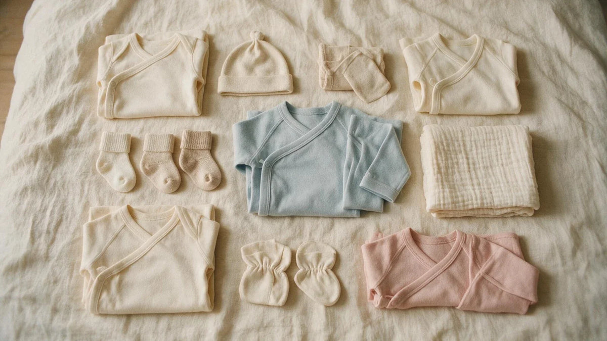 A first layette laid out flat: fewer things than most lists give you, and more than one of each.