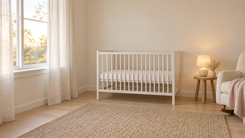 A quiet room at the end of the day, and a crib with nothing in it but a fitted sheet, which is how it should look at any temperature.