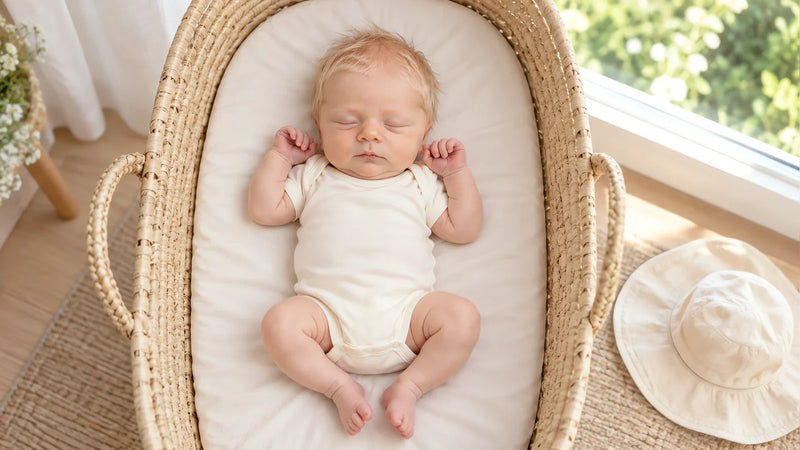 A summer newborn asleep in one thin layer, with the sun hat waiting beside the basket for the few minutes outdoors.