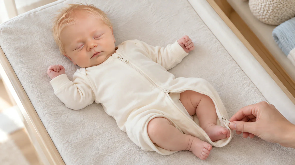 One hand opening the lower zip pull at the ankle while the top of the sleeper stays closed, so only the legs are uncovered.