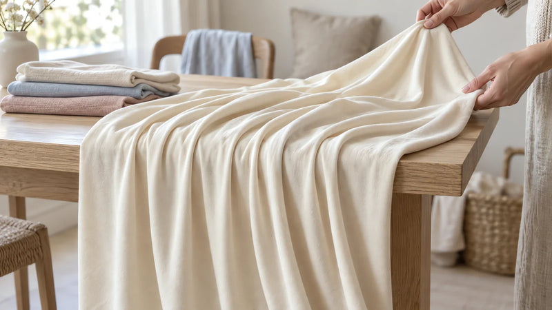 Viscose jersey falling over the edge of a table in heavy folds, which is the drape people are actually paying for.