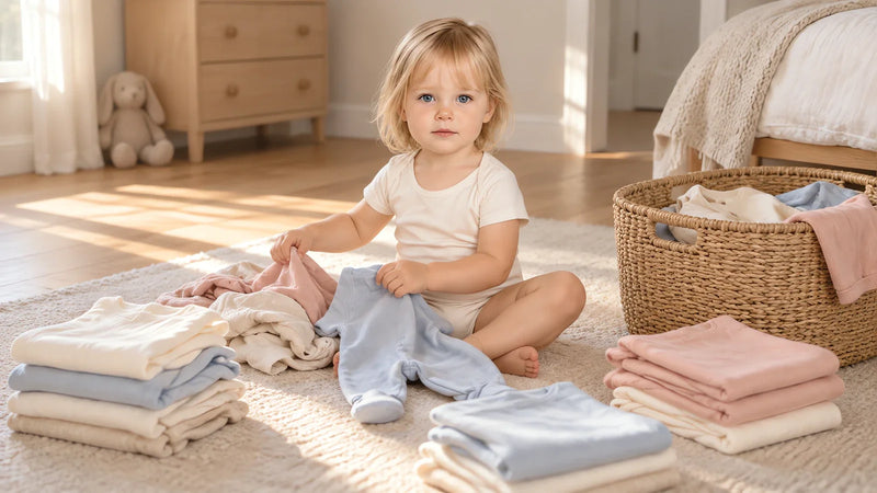 Sorted piles on the bedroom floor and one small helper undoing them faster than they get made.