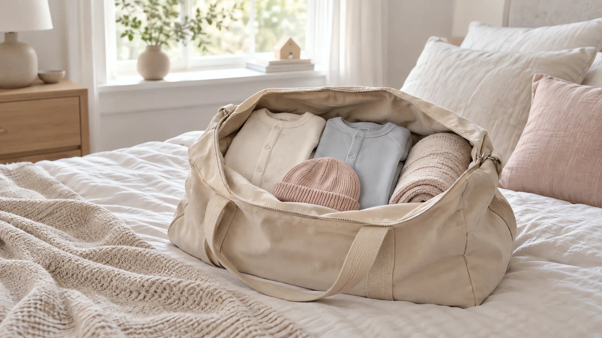 The bag packed the way it actually gets used: a few sleepers, a hat and a blanket rolled for the car.