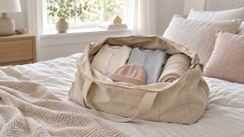 The bag packed the way it actually gets used: a few sleepers, a hat and a blanket rolled for the car.