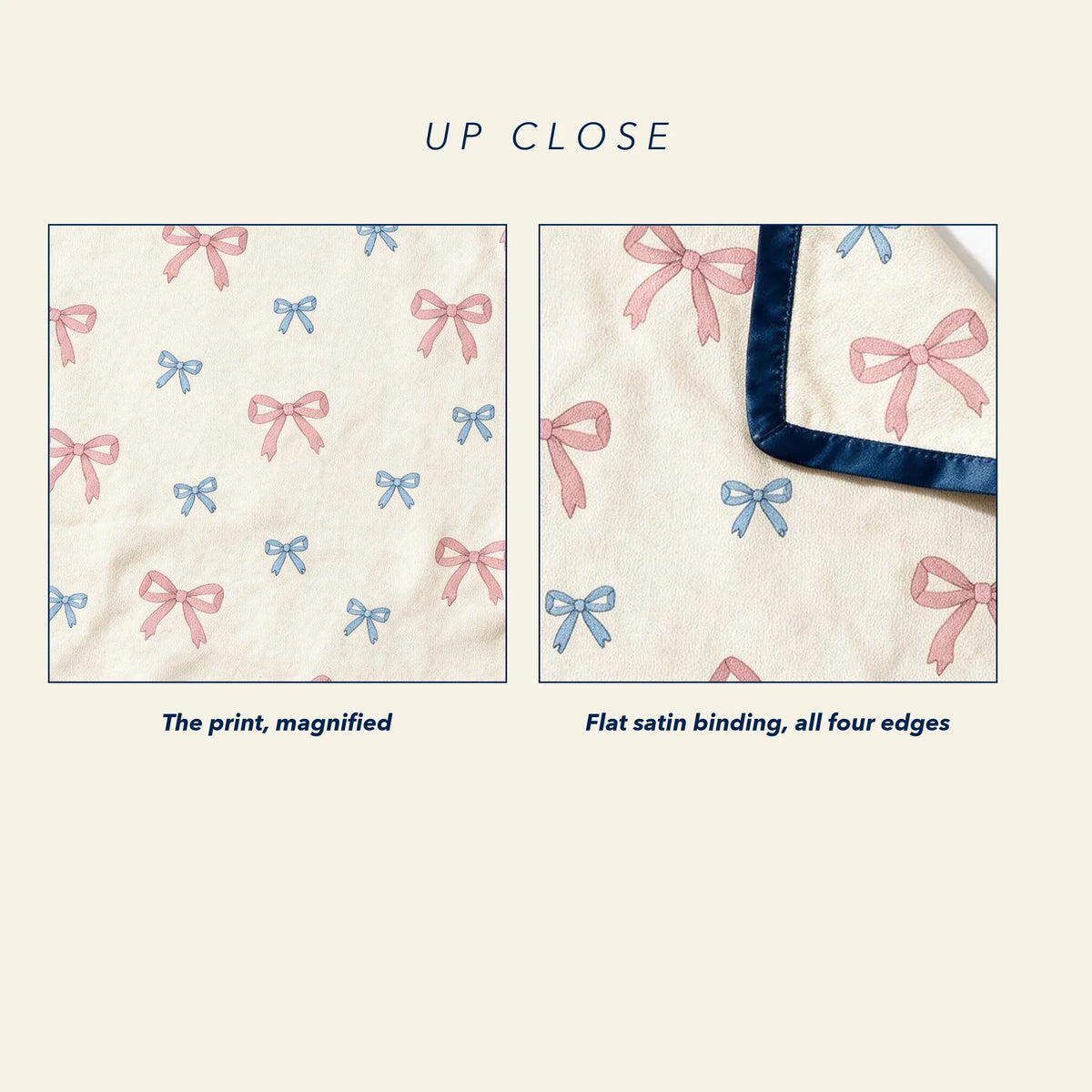 Close up of the JOWI Baby Blanket: the printed cloth magnified next to a construction detail