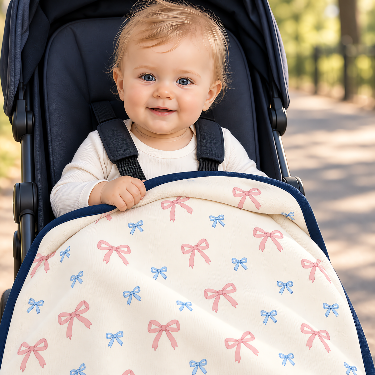 The JOWI Baby Blanket in use, showing the detail that makes it easy to put on and take off