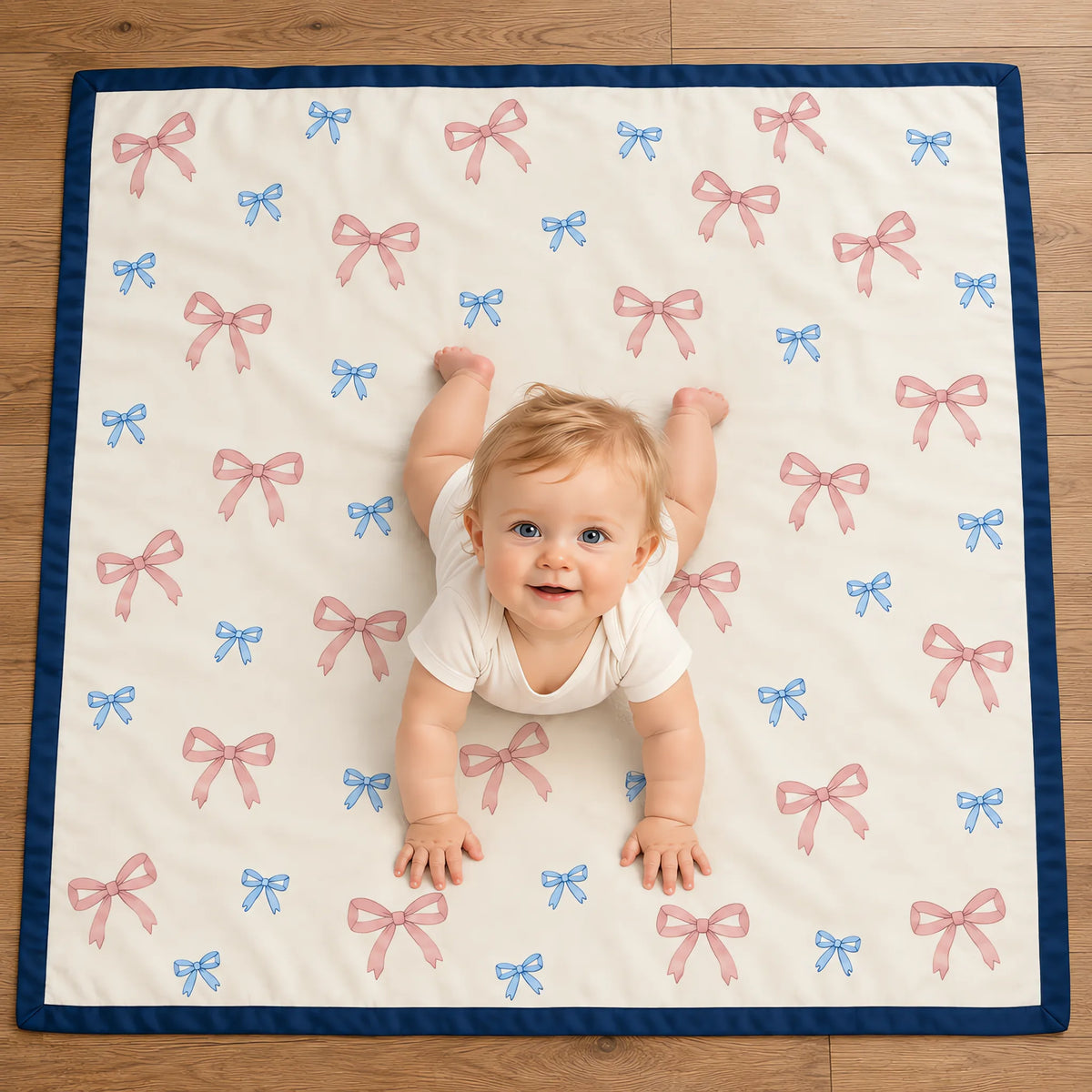 A baby moving and playing in the JOWI Baby Blanket in daylight at home