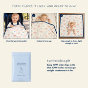 How the JOWI Baby Blanket goes on in three steps, and the blue JOWI mailer that it ships in