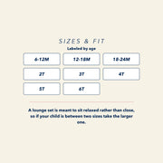 Size and fit guide for the JOWI Blue Daisy Hoodie & Jogger Set, listing every size offered and how to choose between two