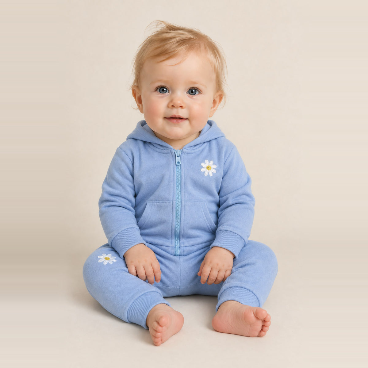 Toddler girl sitting in the JOWI Blue Daisy Hoodie & Jogger Set, size 12-24 months