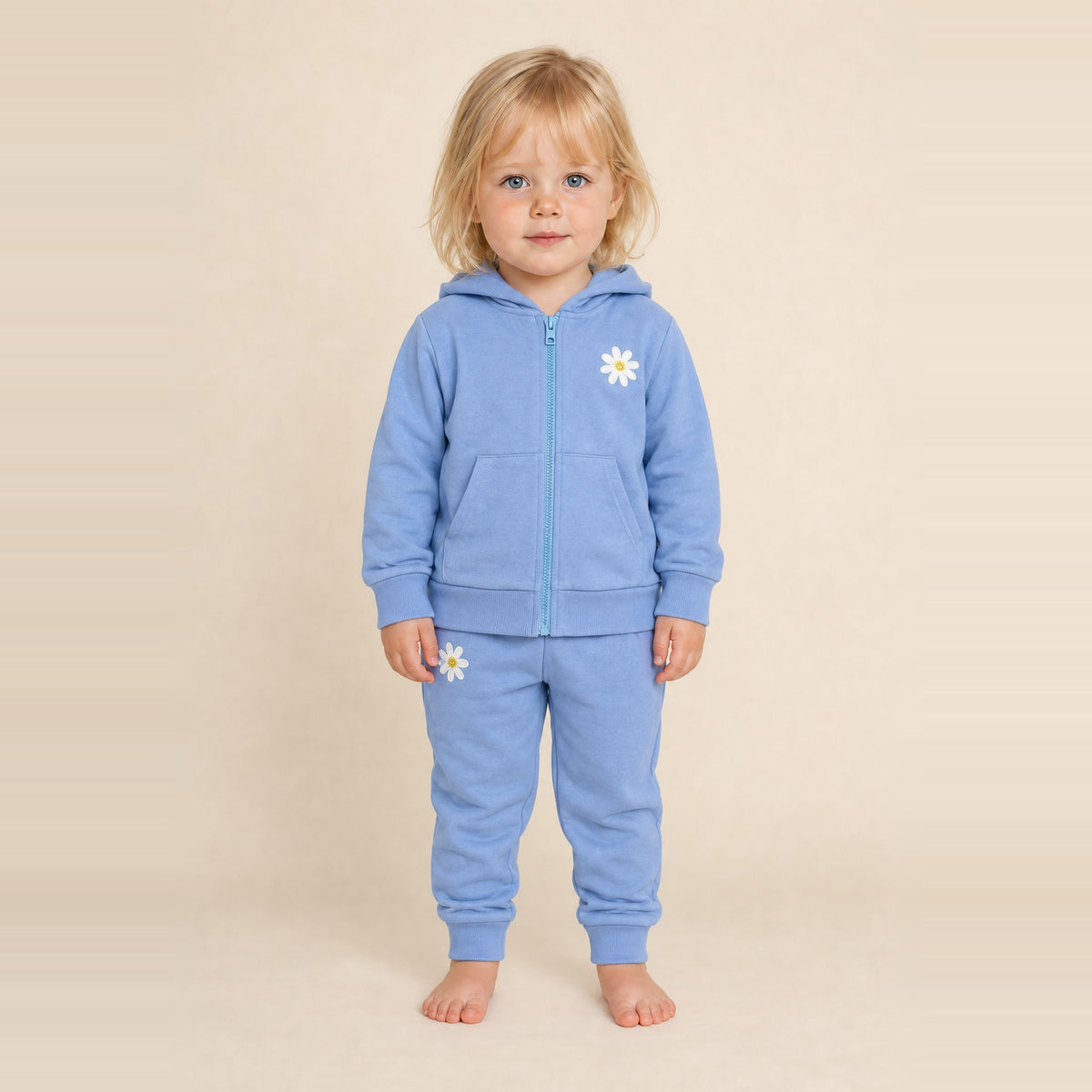 Little girl standing in the JOWI Blue Daisy Hoodie & Jogger Set, size 2T-3T