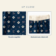Close up of the JOWI Blue Ditsy Pajama Set: the printed cloth magnified next to a construction detail