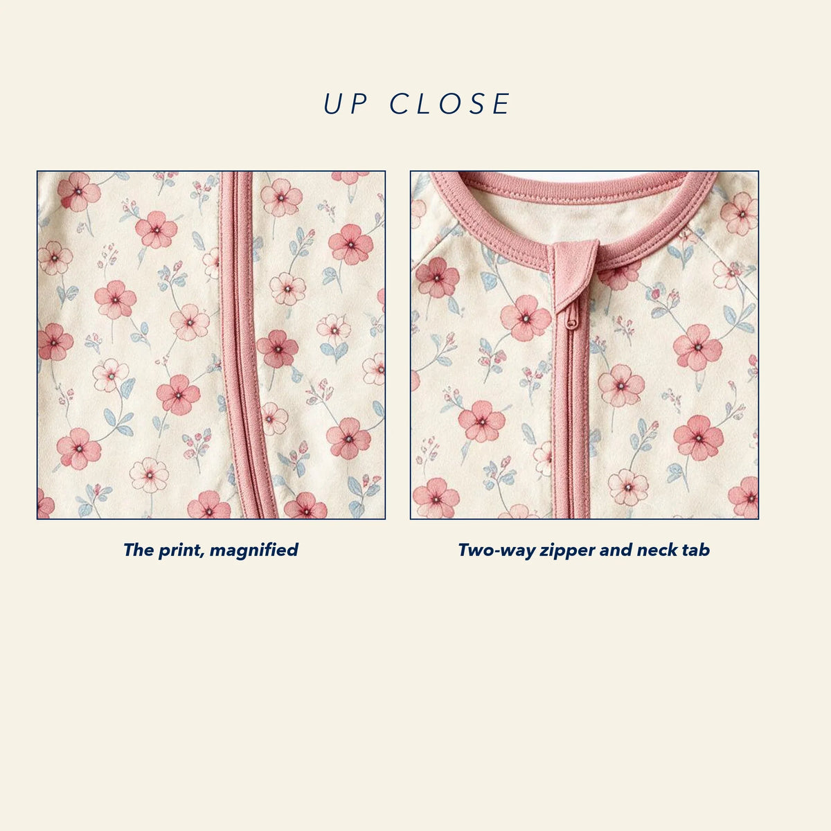 Close up of the JOWI Blush Floral Romper: the printed cloth magnified next to a construction detail