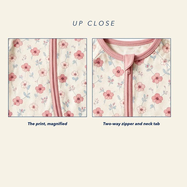 Close up of the JOWI Blush Floral Romper: the printed cloth magnified next to a construction detail [plate]