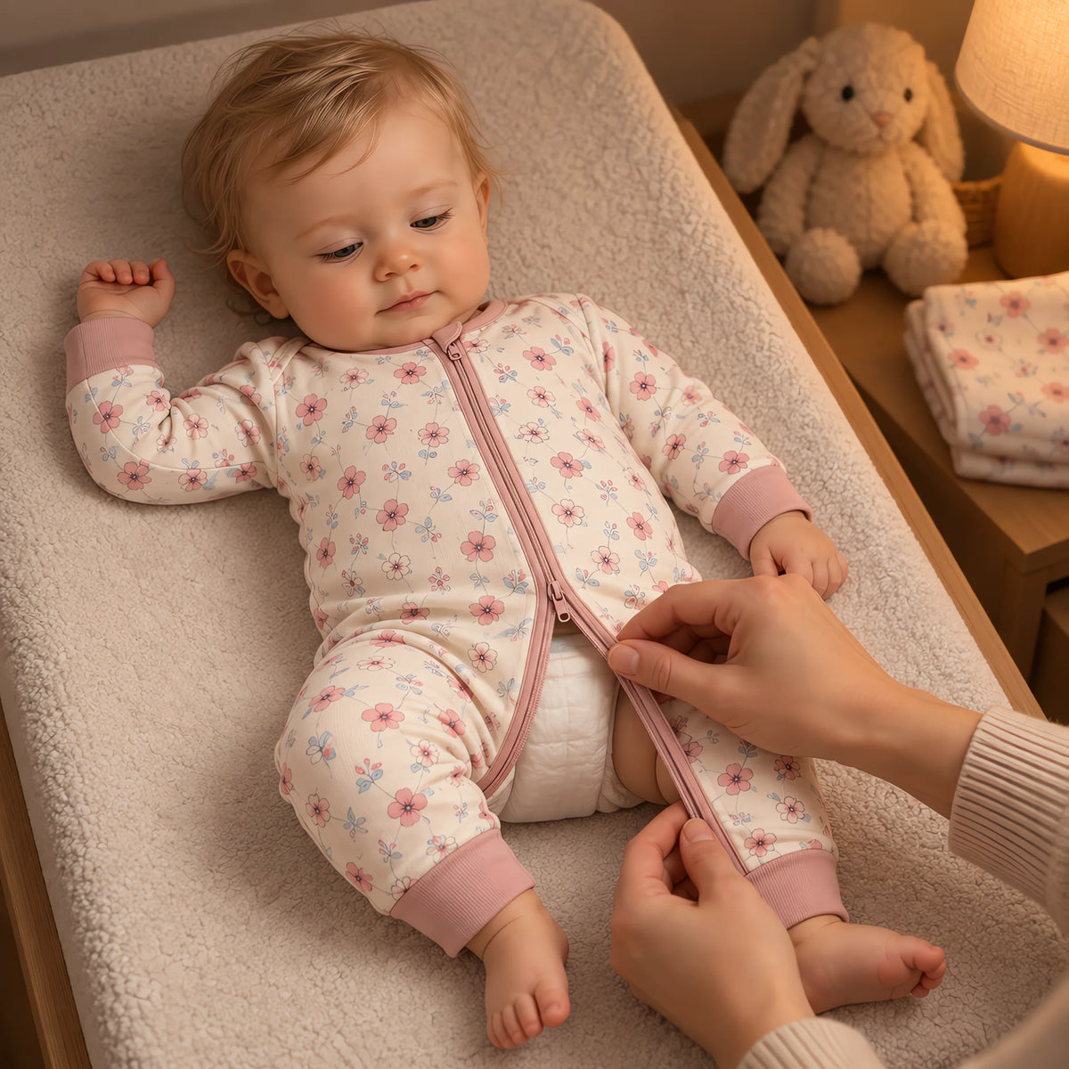 The JOWI Blush Floral Romper in use, showing the detail that makes it easy to put on and take off
