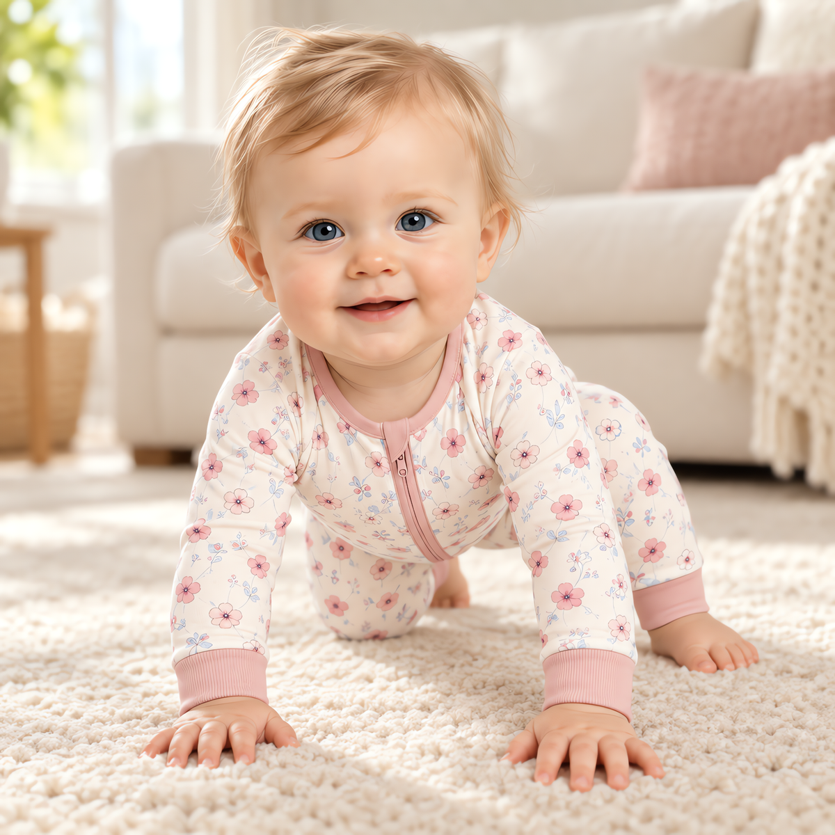 A baby moving and playing in the JOWI Blush Floral Romper in daylight at home