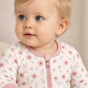 Close up of the JOWI Blush Floral Romper worn, with the printed cloth at true scale