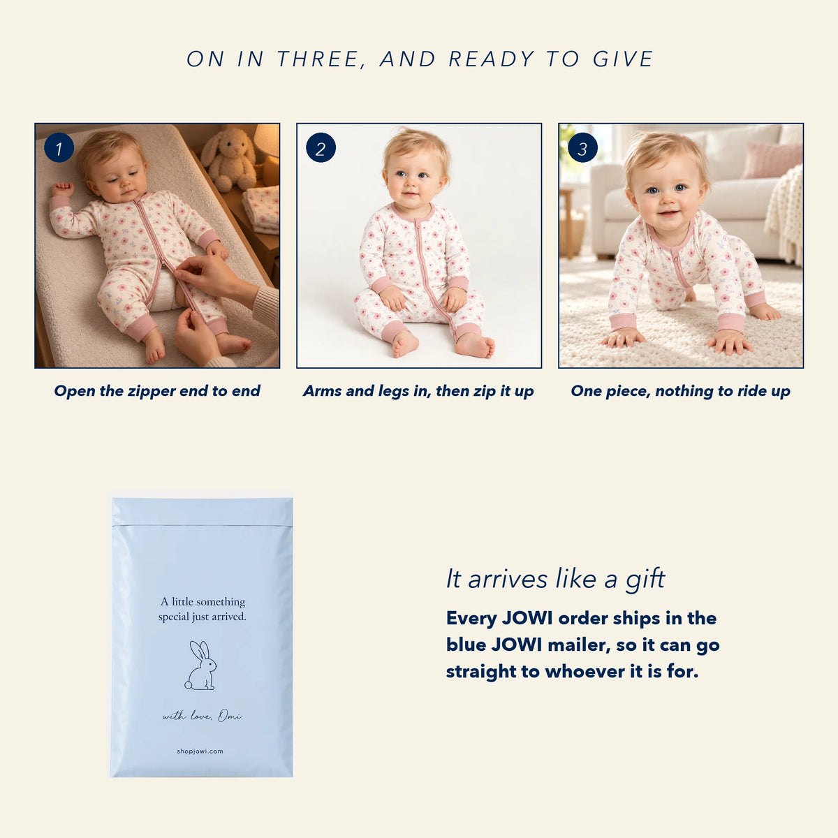 How the JOWI Blush Floral Romper goes on in three steps, and the blue JOWI mailer that it ships in