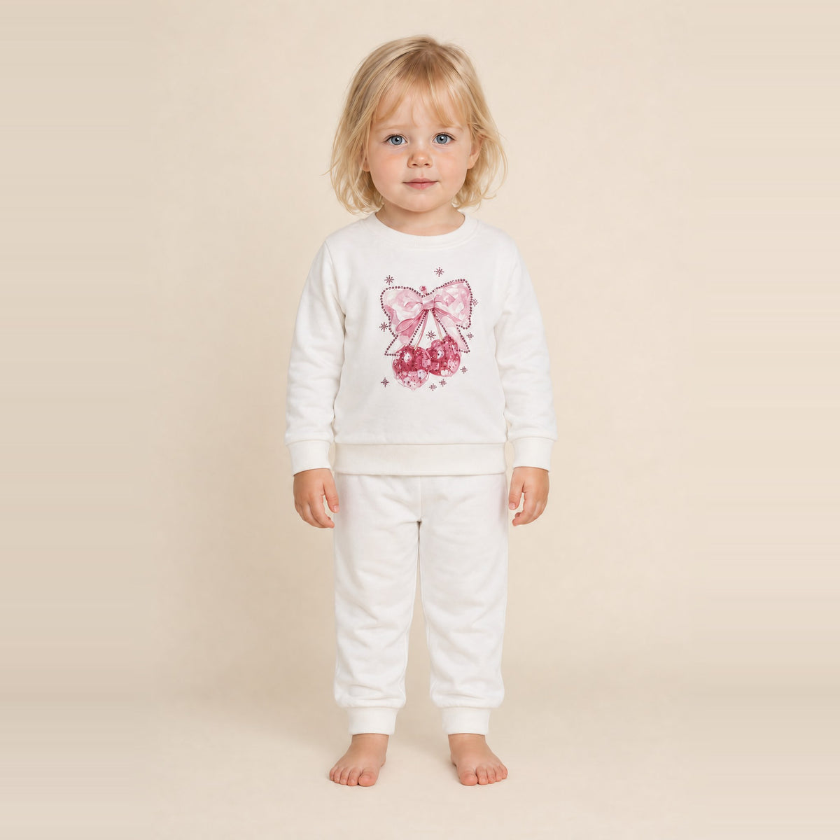 Little girl standing in the JOWI Cherry Bow Sweatshirt & Jogger Set, size 2T-3T