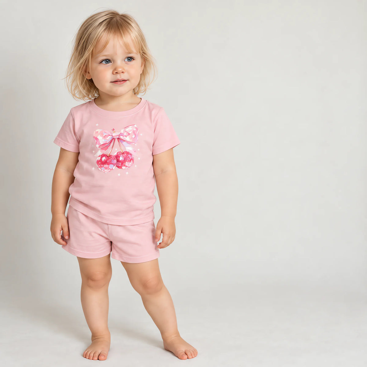 A girl standing in the JOWI Cherry Bow Tee & Short Set, full body on a plain studio background