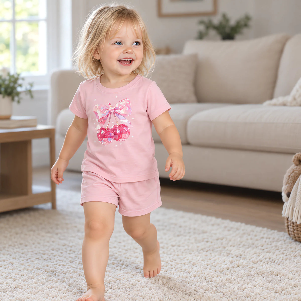 A girl mid stride walking across a rug in the JOWI Cherry Bow Tee & Short Set in daylight at home