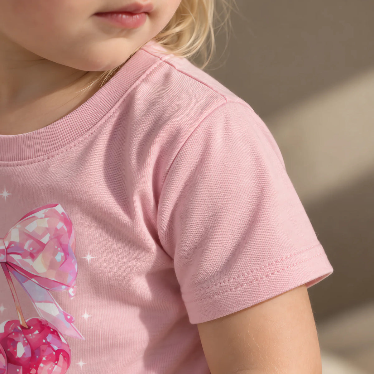 Close up of the JOWI Cherry Bow Tee & Short Set worn: the shoulder seam and the plain short sleeve, with nothing printed on it