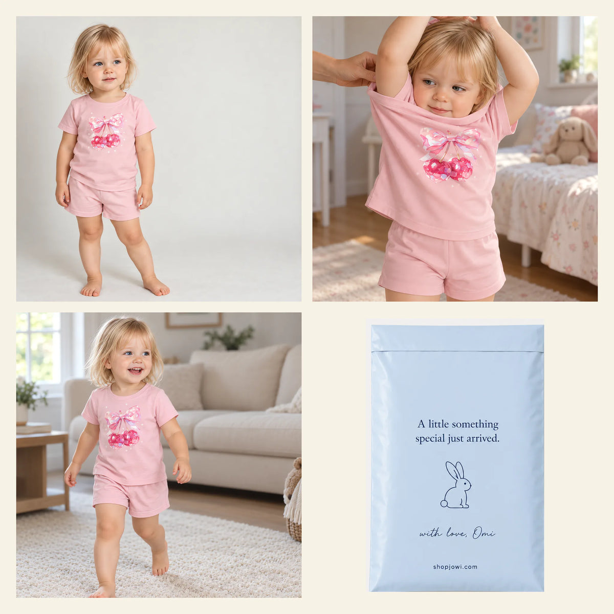 Four photographs of the JOWI Cherry Bow Tee & Short Set: worn standing, going on over the head, worn walking, and the blue JOWI mailer that it ships in