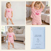 Four photographs of the JOWI Cherry Bow Tee & Short Set: worn standing, going on over the head, worn walking, and the blue JOWI mailer that it ships in