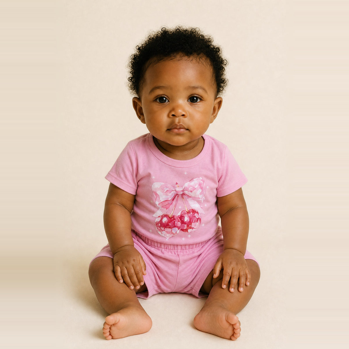 Baby girl sitting in the JOWI Cherry Bow Tee & Short Set, size 6-12 months