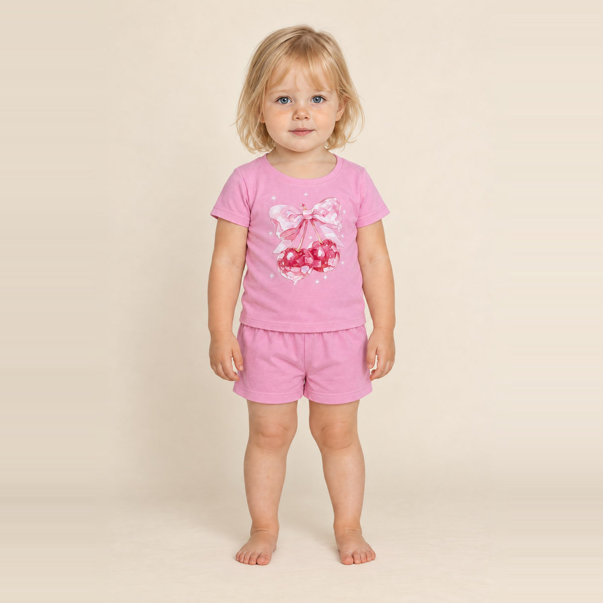 Little girl standing in the JOWI Cherry Bow Tee & Short Set, size 2T-3T
