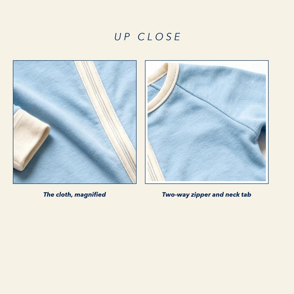 Close up of the JOWI Cloud Blue Baby Romper: the plain blue cloth magnified next to a construction detail [plate]