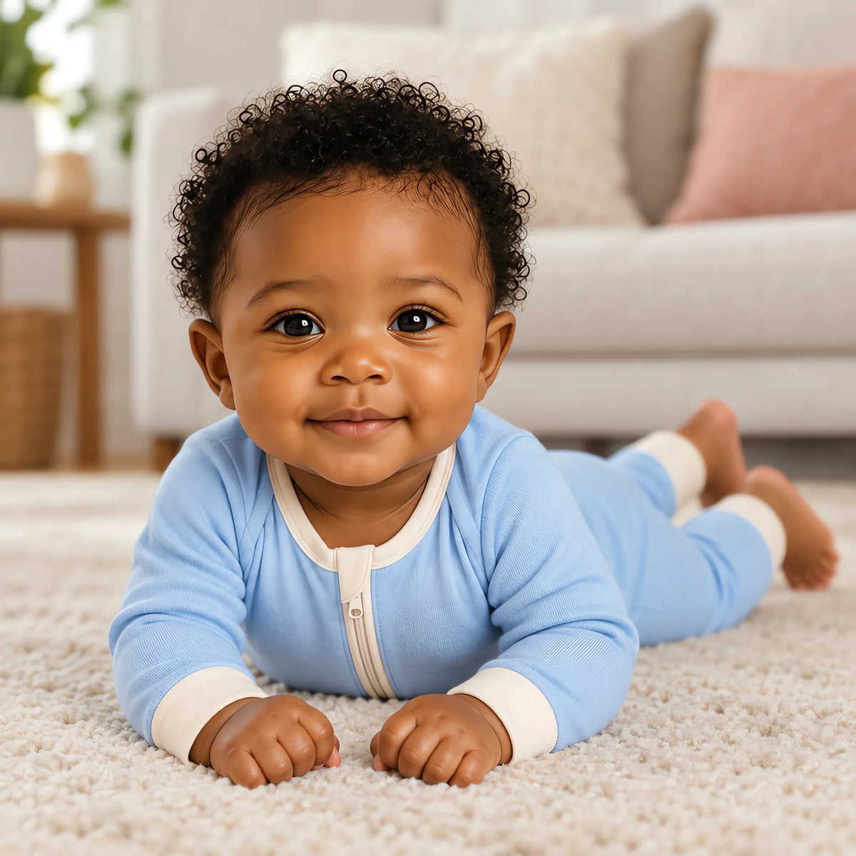 A baby moving and playing in the JOWI Cloud Blue Baby Romper in daylight at home