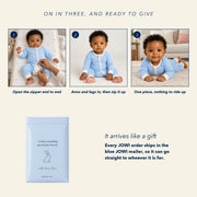How the JOWI Cloud Blue Baby Romper goes on in three steps, and the blue JOWI mailer that it ships in