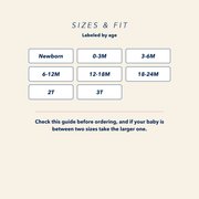 Size and fit guide for the JOWI Cozy Cloud Sleepsuit, listing every size offered and how to choose between two