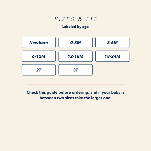 Size and fit guide for the JOWI Cozy Cloud Sleepsuit, listing every size offered and how to choose between two [plate]