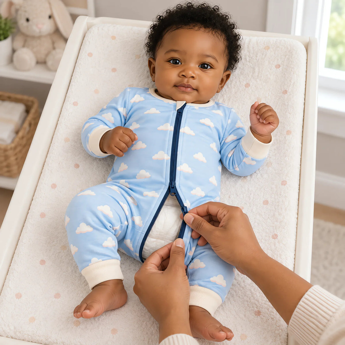 The JOWI Cozy Cloud Sleepsuit in use, showing the detail that makes it easy to put on and take off