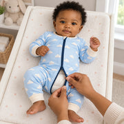 The JOWI Cozy Cloud Sleepsuit in use, showing the detail that makes it easy to put on and take off