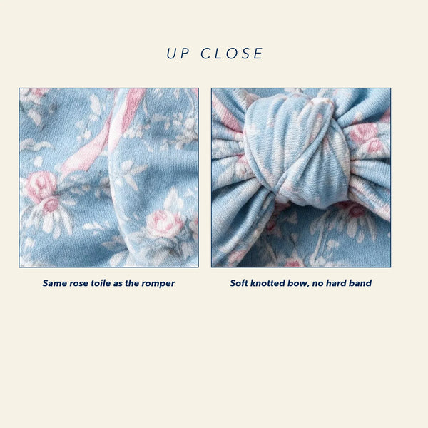 [plate] Close up photograph of the rose toile fabric and of the knotted bow of the headband
