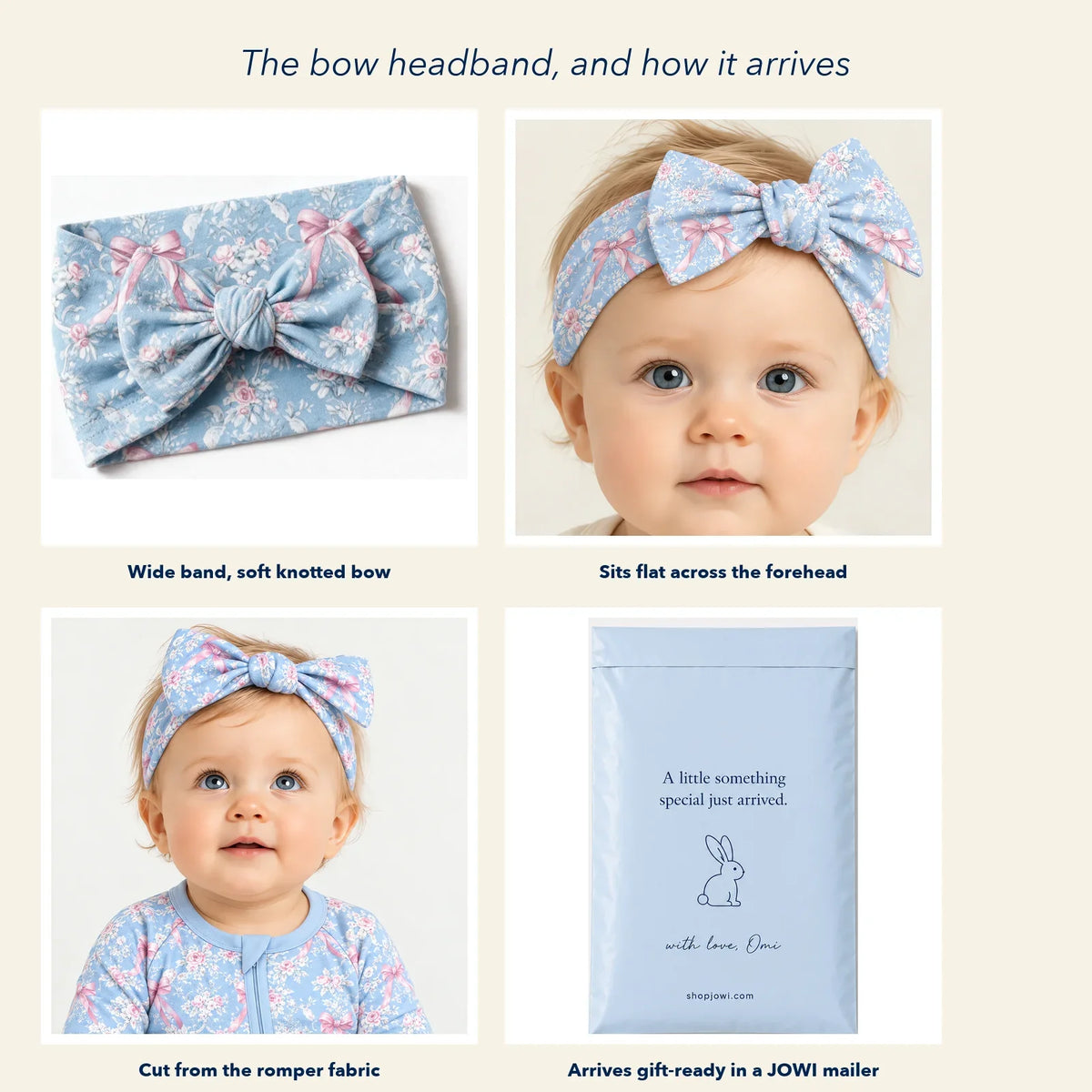 The bow headband flat, worn, matched to the romper, and packed in a JOWI mailer
