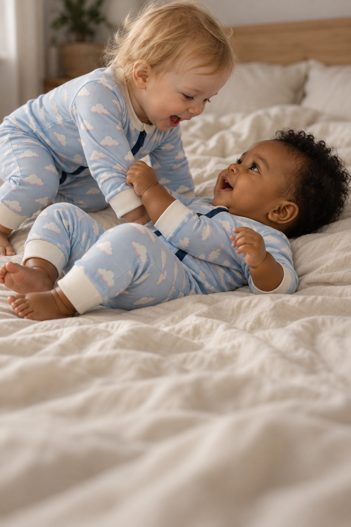 Two babies playing on an unmade bed, both in the Cozy Cloud Sleepsuit in different sizes, laughing at each other.