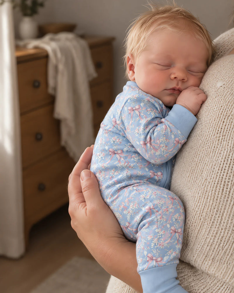 Newborn baby asleep in an adult's arms, wearing the JOWI zip romper in light blue with a rose and pink bow print and solid light blue cuffs